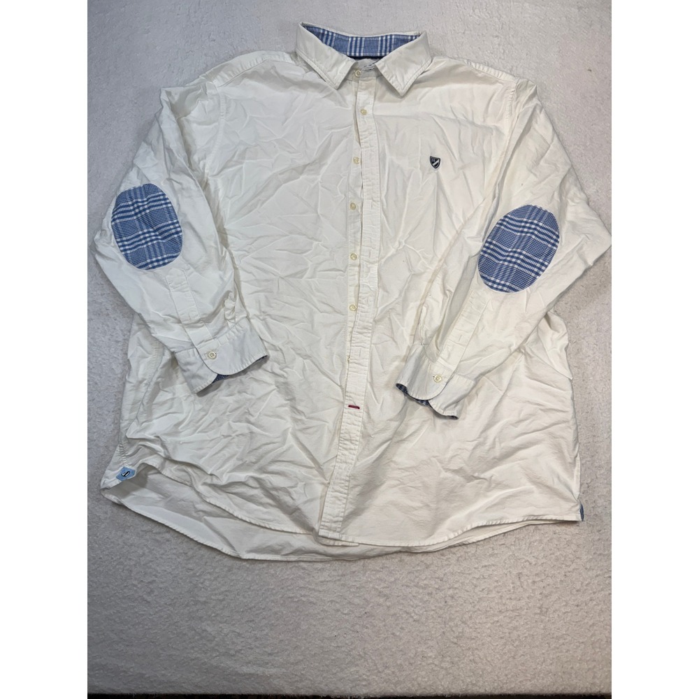 Cremieux Classics Mens 4XT White Button Down Shirt Blue Plaid Elbow Patches
